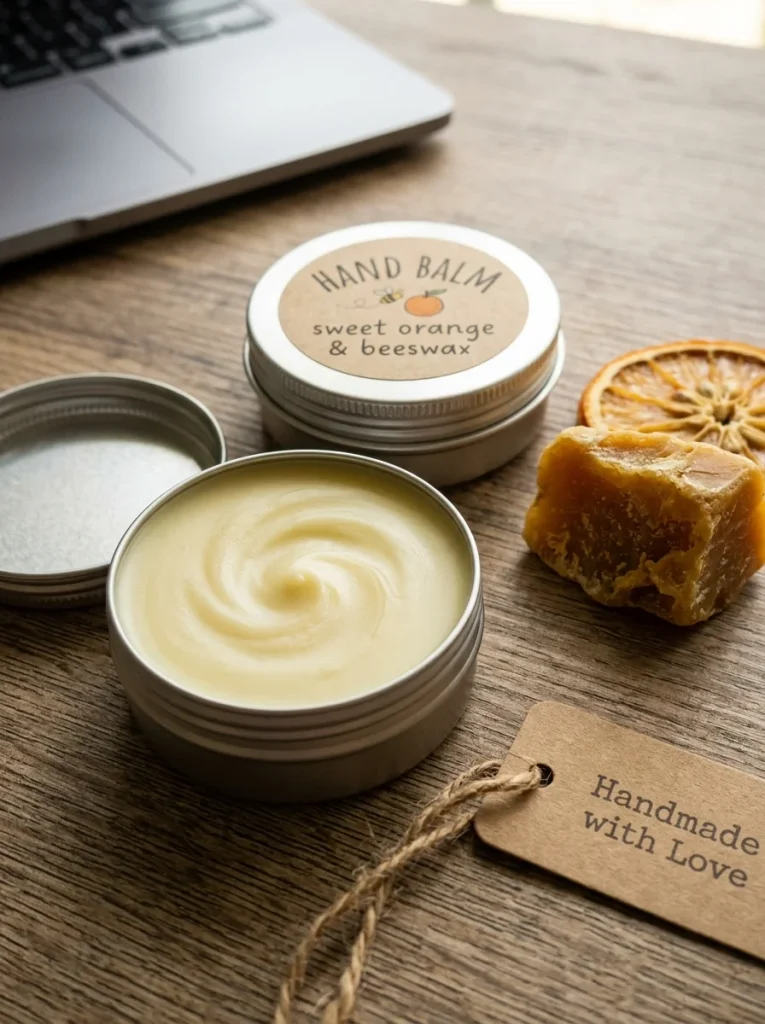 Handmade beeswax-and-orange hand balm sits in silver tins on a warm wooden desk, styled with fresh orange, golden beeswax, and a rustic kraft gift tag.