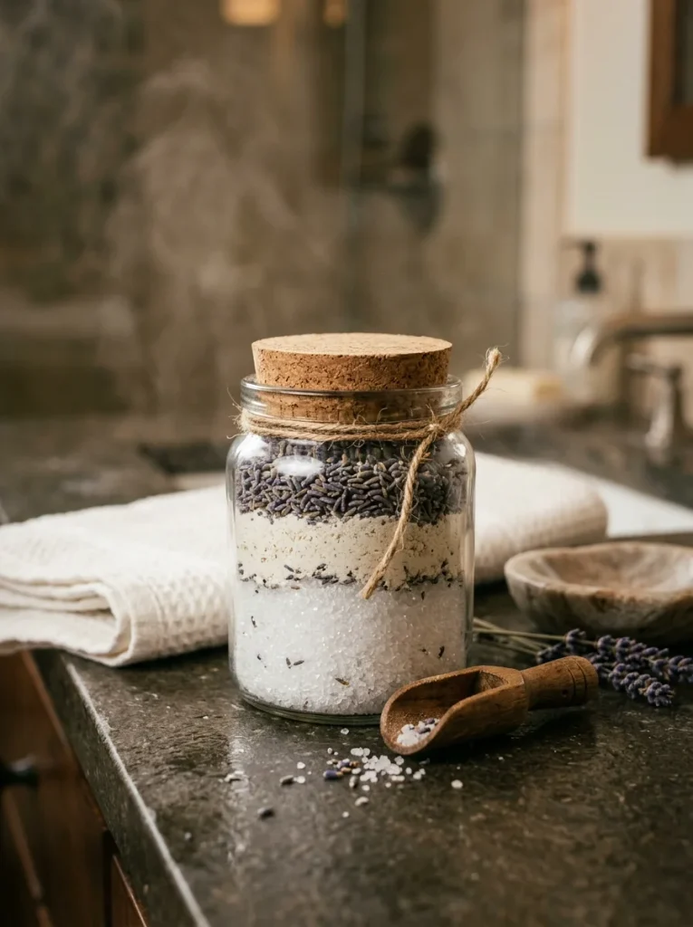 Clear glass jar filled with Epsom salt, oat powder, and lavender buds, with a wooden scoop, white towel, and stone dish.