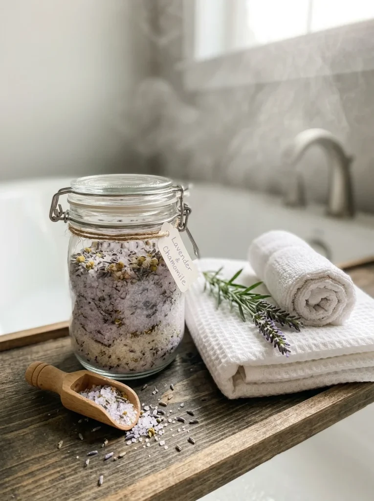 A glass swing-top jar of lavender-chamomile Epsom bath salts with a wooden scoop, folded white towel, rolled washcloth, and fresh lavender on a wooden bath tray.