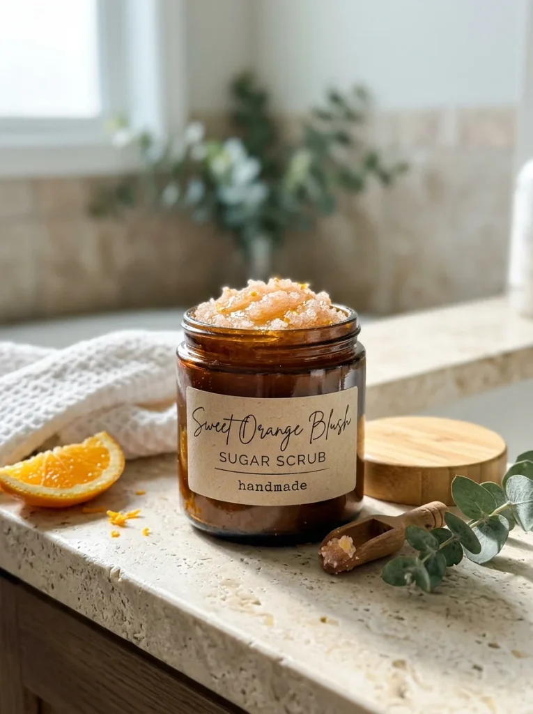 Handmade orange sugar scrub in an amber glass jar with a bamboo lid, wooden scoop, fresh orange slices, eucalyptus, and soft spa-inspired décor.