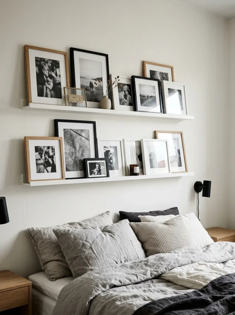 Two white picture ledges above a bed displaying black-and-white framed photos, a mini ticket-stub frame, ceramic vase, dried stems, and a candle in a minimalist Scandinavian bedroom.