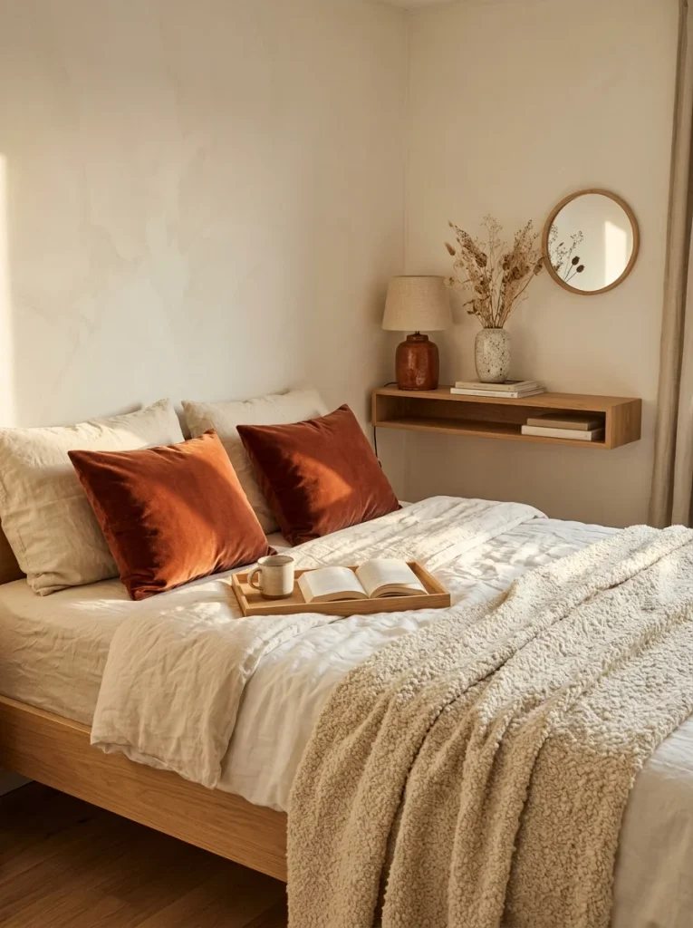 Scandinavian bedroom with terracotta velvet pillows, a cream bouclé throw, and a rust-colored ceramic lamp on a floating oak shelf, styled in warm golden-hour light.