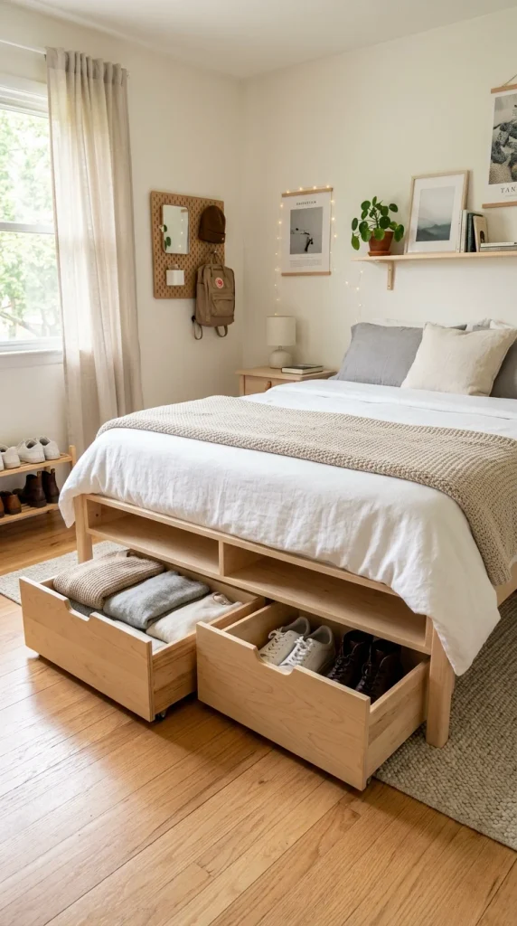 Low birch platform bed with half-open storage drawers holding folded sweaters and shoes in a bright Scandinavian teen bedroom.
