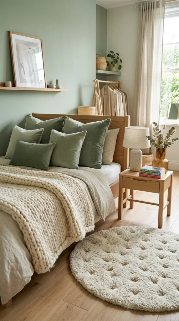 Sage green teen bedroom with velvet pillows, chunky cream knit throw, ivory rug, and soft morning light.
