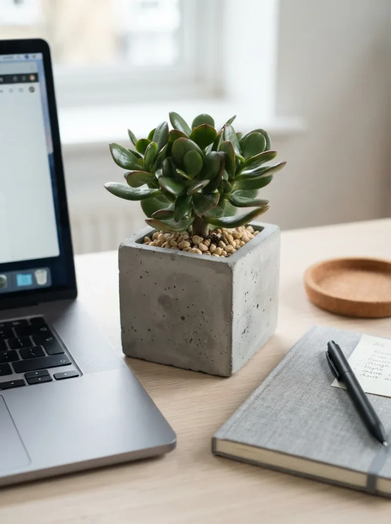 Minimalist jade plant in a handmade gray concrete planter, styled on a bright white desk with a laptop, notebook, black pen, and cork coaster. 🌿✨