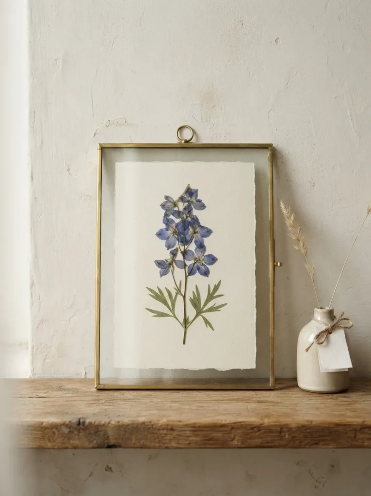 Photorealistic pressed blue larkspur and green leaves in a cream-paper float frame, leaning against a plaster wall. Soft natural light, botanical decor, elegant minimalist style, 8K detail, Pinterest 2:3 vertical, no people.