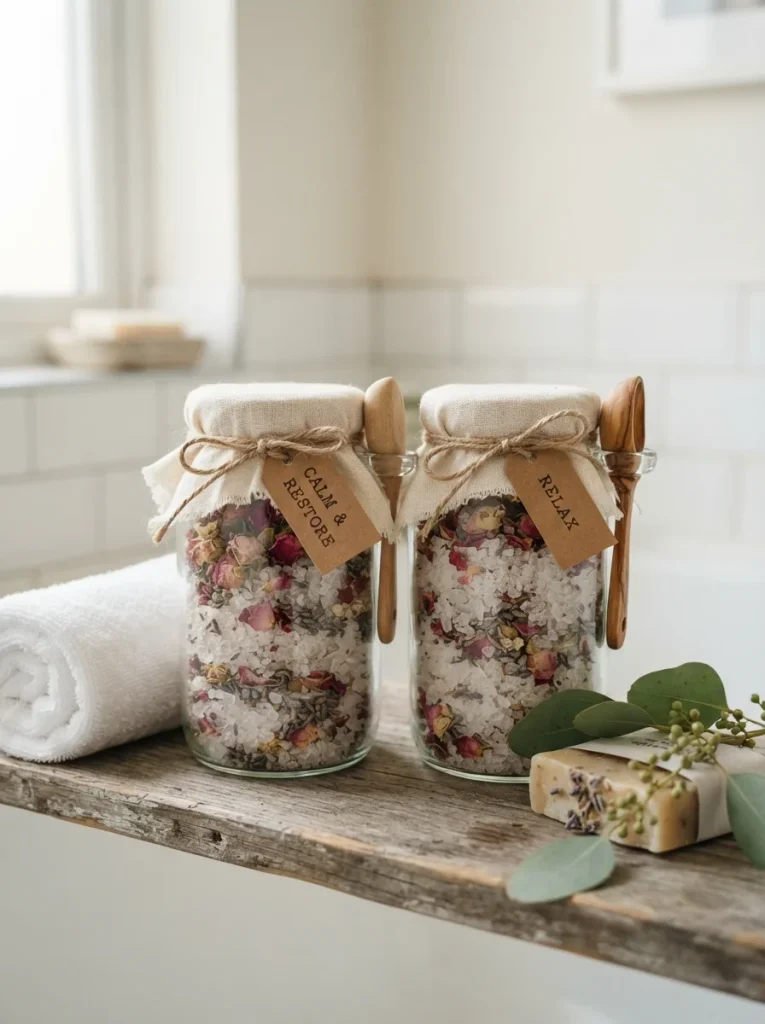 Handmade bath salt jars with rose petals, lavender buds, and wooden scoops, styled with white towels, soap, and eucalyptus. Soft spa lighting, calming pastel colors, photorealistic 8K lifestyle photography, Pinterest 2:3 vertical, no people.