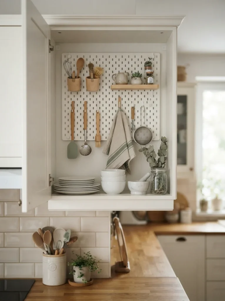 Neatly organized kitchen cabinet with a white pegboard, wooden cups, sage utensils, and clever space-saving storage.