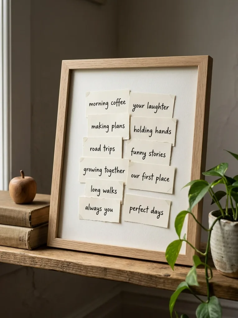 A heartfelt handmade gift featuring handwritten notes in a natural oak frame, styled with a green plant, stacked books, and a wooden apple in warm, gentle window light.
