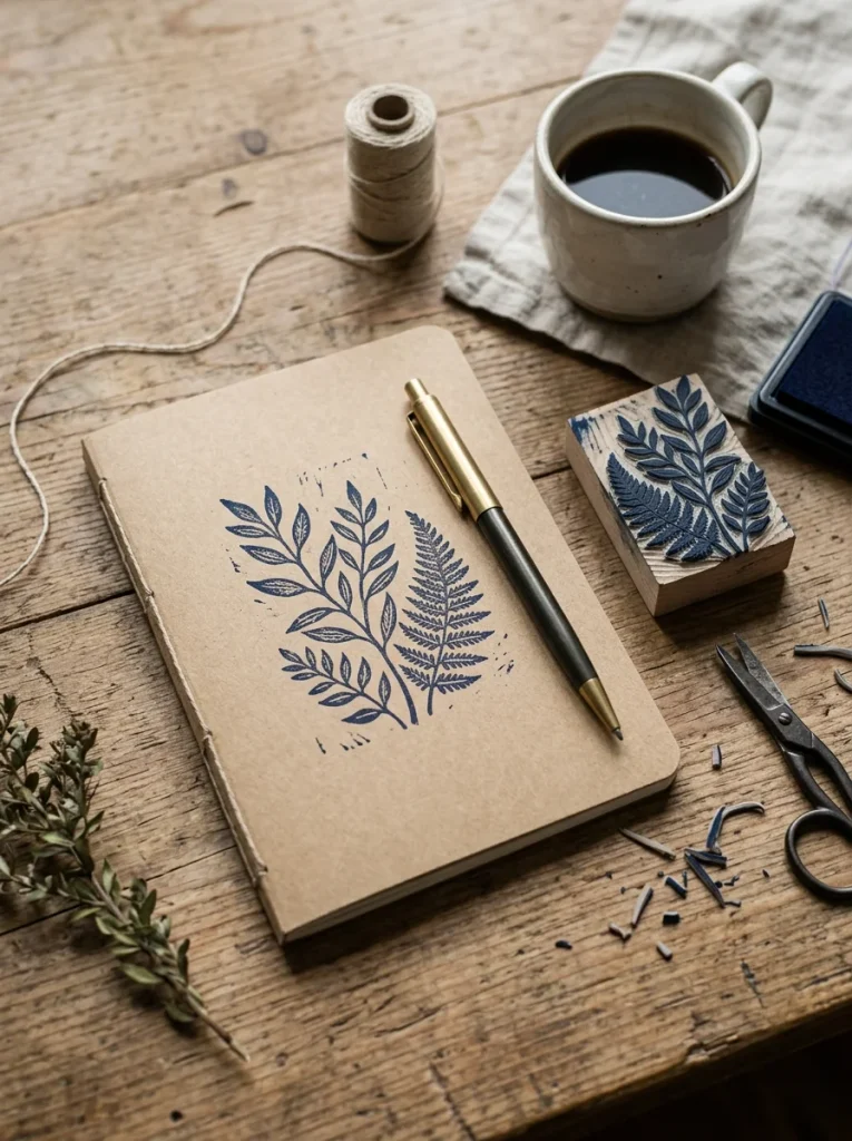A rustic kraft notebook with a navy botanical stamp and elegant pen rests beside a carved stamp, linen thread, and coffee cup.