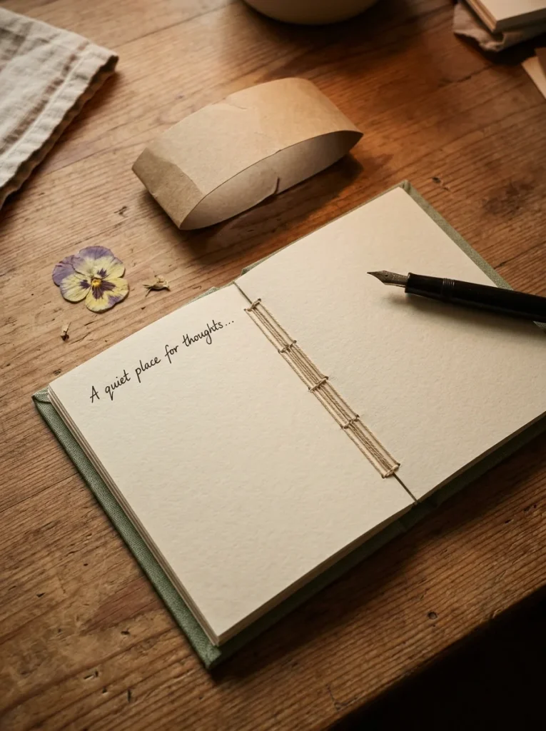 Hand-bound sage green journal with cream pages, visible thread stitching, fountain pen, kraft band, and dried pansy.