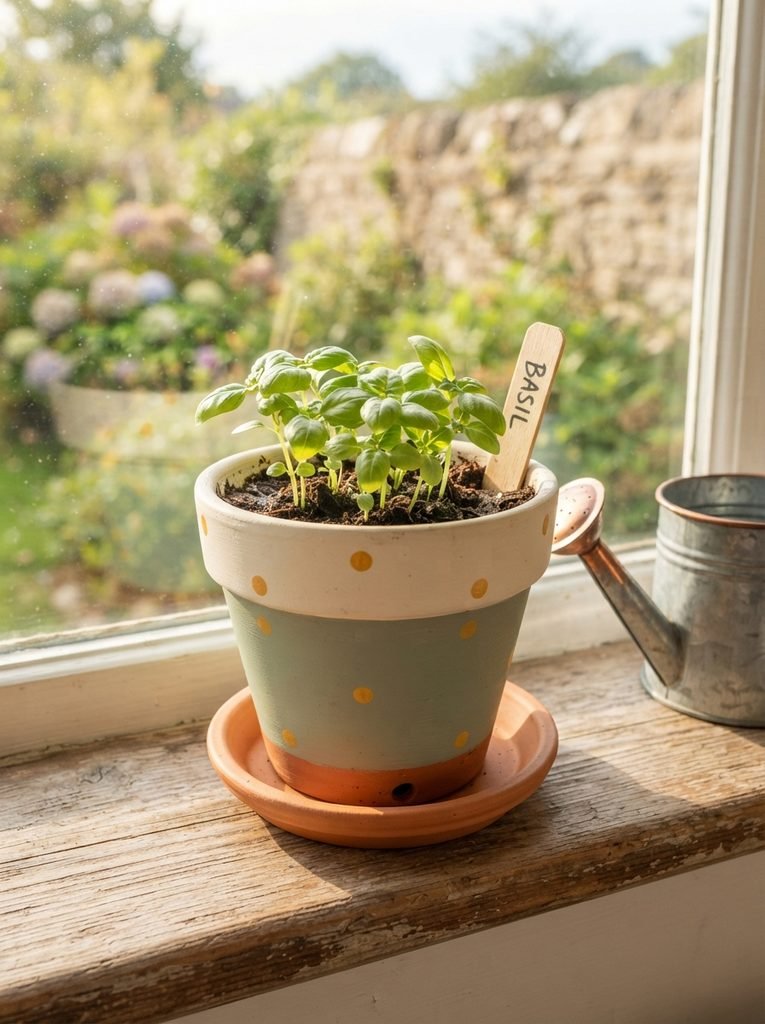 Transform a simple terracotta pot with sage green, cream, and marigold accents. Plant fresh basil seedlings and brighten your windowsill with this charming handmade garden craft!