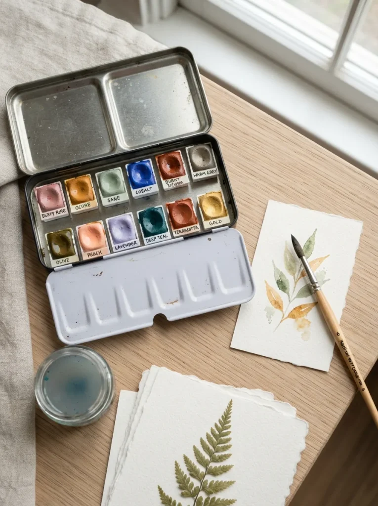 A beautifully curated watercolor palette featuring 12 rich pigments, a damp brush, and a delicate botanical swatch. Perfect for artists and creative souls.
