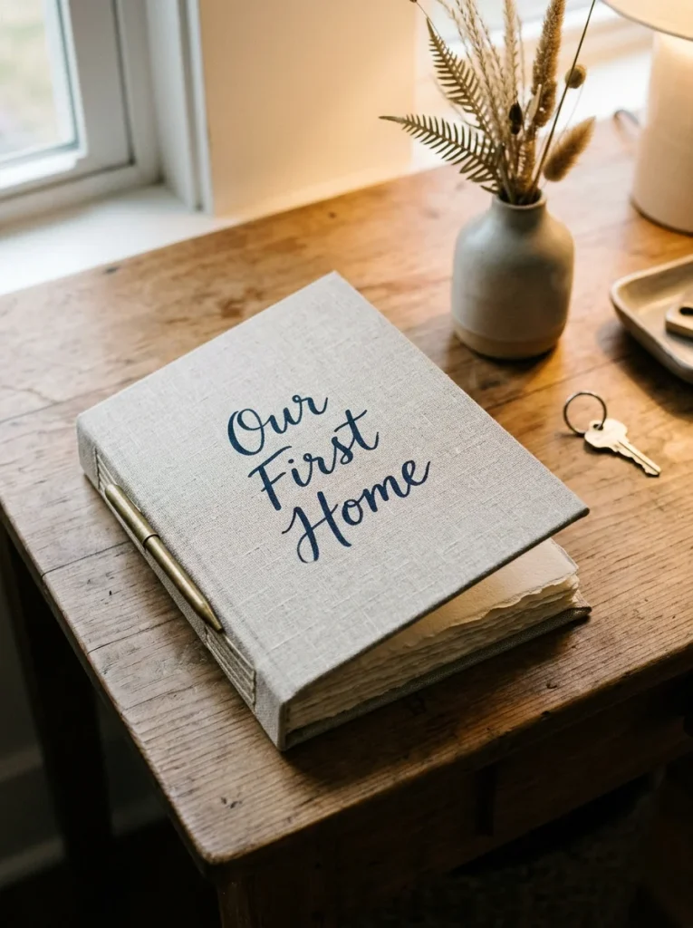 Linen-bound “Our First Home” journal with cream pages, hand-stitched spine, and brass pen on a wooden entry table, accented with house keys and dried grasses.