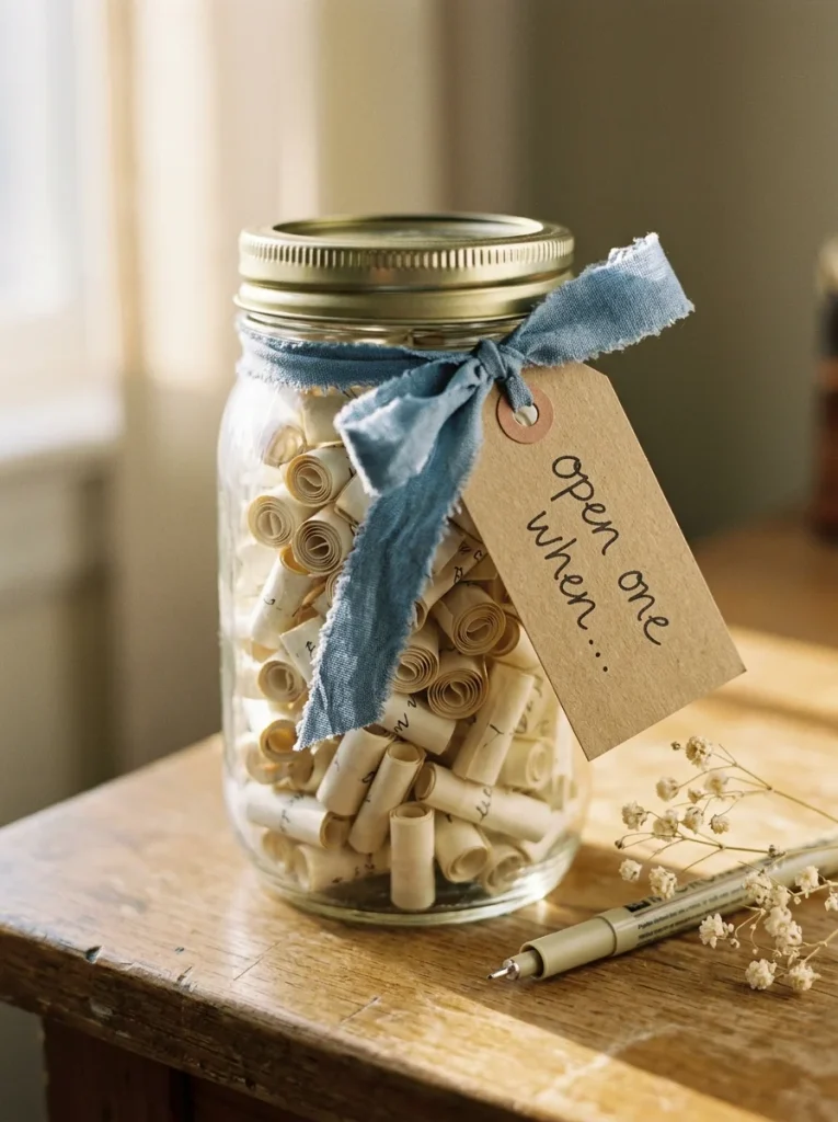 Handmade memory jar filled with handwritten paper notes, a brass lid, dusty blue ribbon, and a kraft tag reading “Open One When…” for a thoughtful personalized gift.