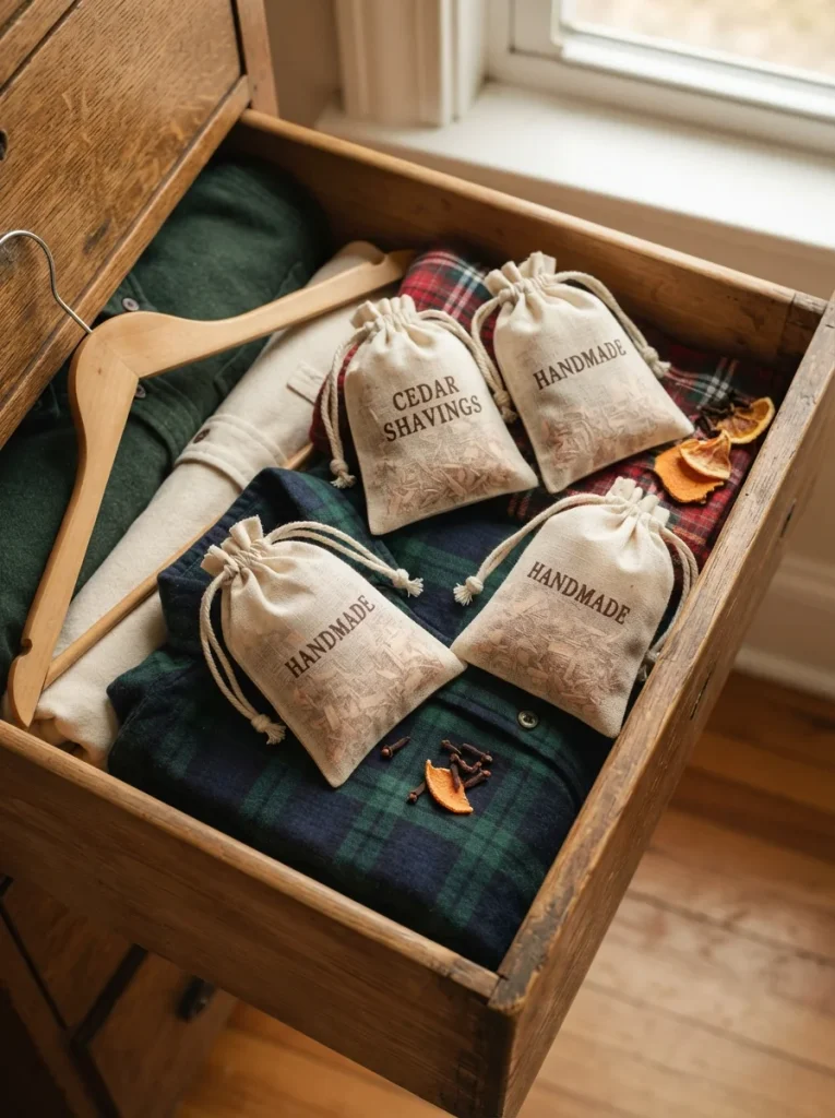 Four oatmeal muslin sachets filled with fragrant cedar shavings, neatly arranged on folded flannel shirts inside a wooden drawer. Soft warm sunlight, cotton drawstrings, rustic wooden accents, dried orange peel, and cloves create a cozy, fresh, natural wardrobe aesthetic.