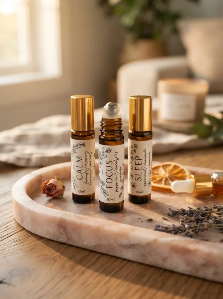 Photorealistic amber roller bottles with gold caps on a pink marble tray, accented with citrus, dried rose, and a glass dropper. Soft golden light, luxe blush-pink palette, 8K quality, vertical 2:3, no people.
