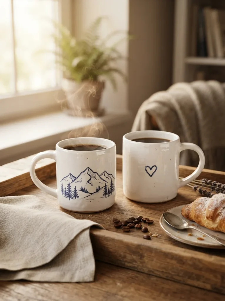 Hand-painted white ceramic mugs with navy mountain designs and hearts, styled with coffee, croissant, and linen on a wooden tray. Cozy morning light, handmade charm, photorealistic 8K lifestyle photography, Pinterest 2:3 vertical, no people.