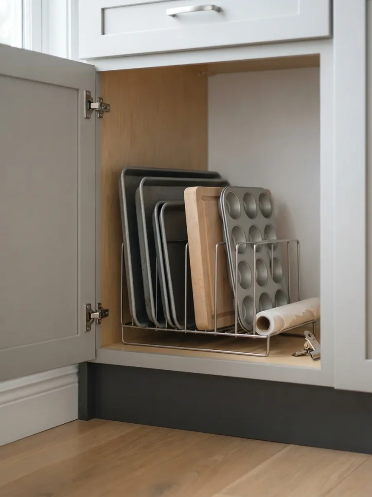 Organized baking cabinet with a stainless steel rack holding baking sheets, cutting boards, and muffin tins upright.