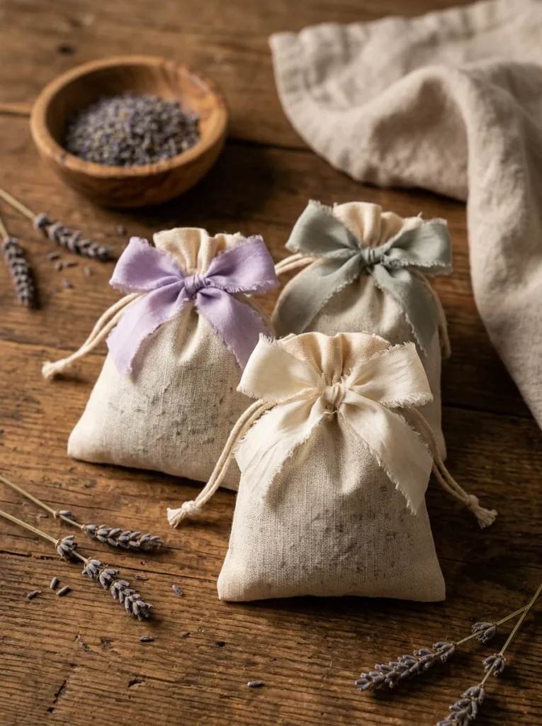 Three handmade muslin lavender sachets tied with soft lilac ribbons, styled with loose lavender sprigs, a wooden bowl, and warm ambient light for a soothing, rustic gift aesthetic.
