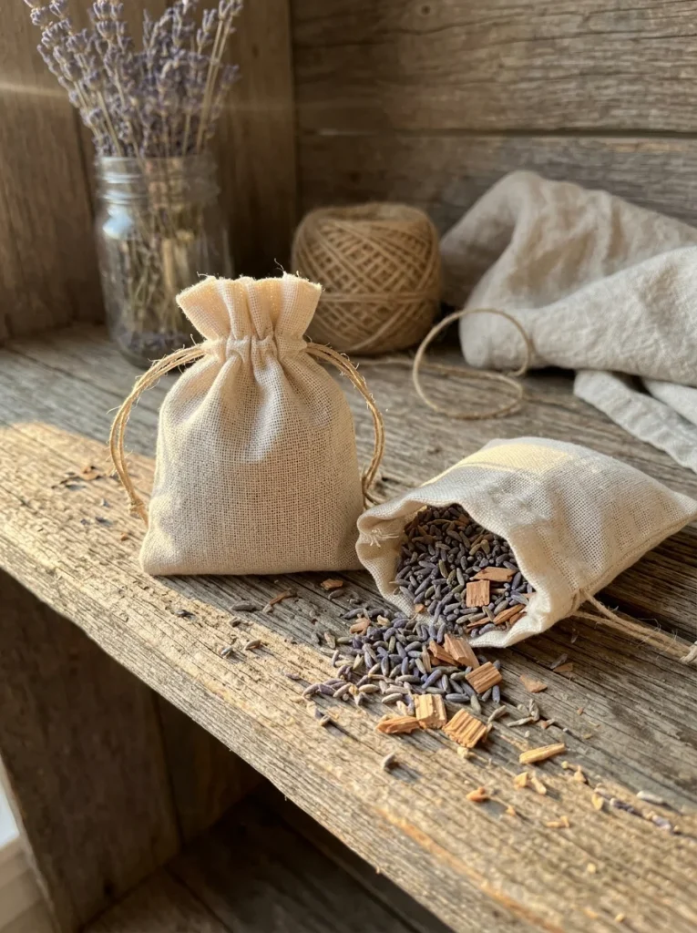 Natural muslin sachets filled with dried lavender and cedar chips rest on a rustic wooden shelf, surrounded by loose purple buds, linen, and twine in warm afternoon light.
