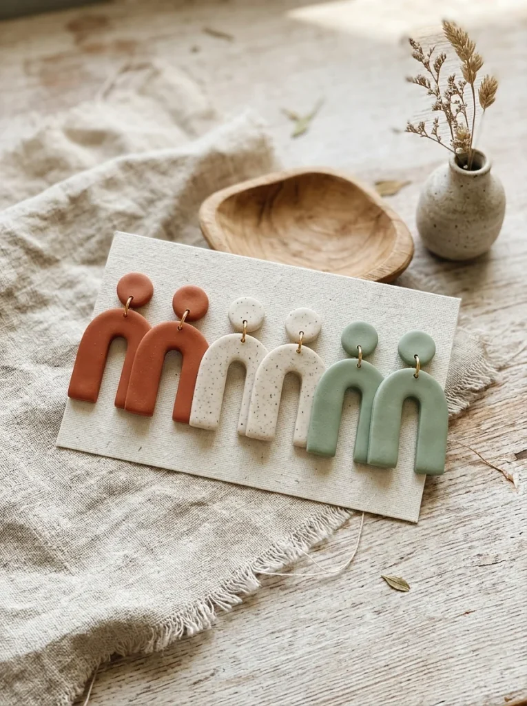 Three pairs of matte polymer clay arch earrings in terracotta, oat, and sage, displayed on a linen card with gold posts, a wooden dish, and a tiny bud vase.