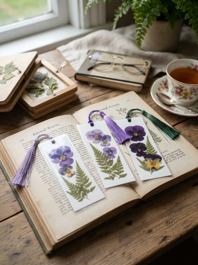 Create beautiful handmade bookmarks using pressed pansies, delicate ferns, and satin ribbon tassels. A perfect craft for book lovers and a lovely personalized gift!