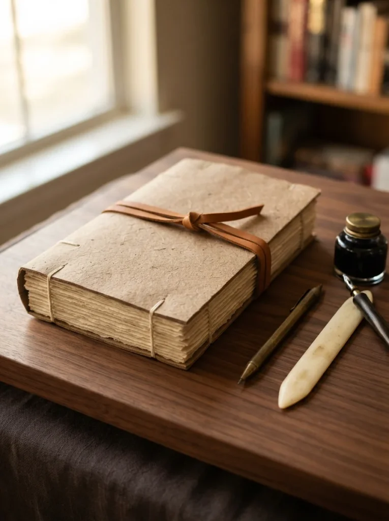 A rustic kraft paper journal featuring elegant cream linen stitching, thick textured pages, and a soft leather tie. A timeless handmade gift for writers and stationery lovers.