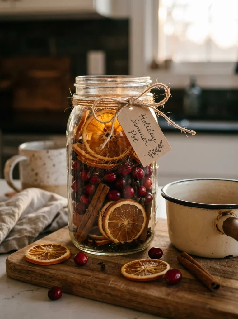 A clear glass jar filled with dried orange slices, cinnamon sticks, cloves, and cranberries, tied with twine and a handwritten tag, beside an enamel pot and ceramic mug.