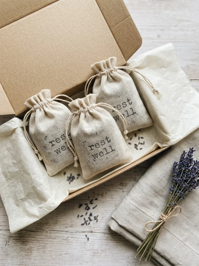 Handmade lavender sachets stamped “Rest Well,” filled with dried lavender buds and packaged in a kraft gift box with soft tissue paper.