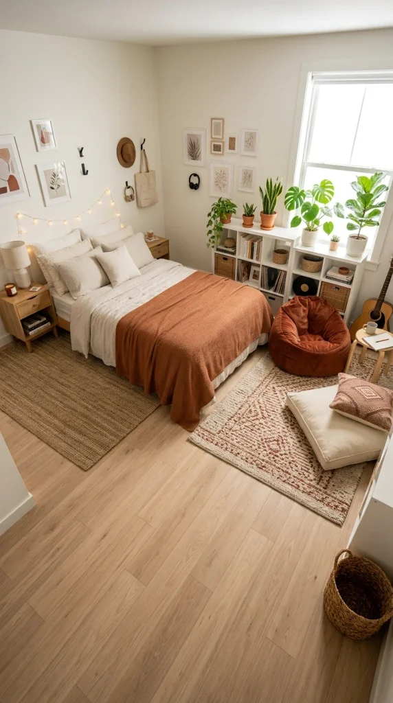 Scandinavian teen bedroom with a KALLAX shelf room divider, cozy bean bag, floor cushions, and separate hangout area.
