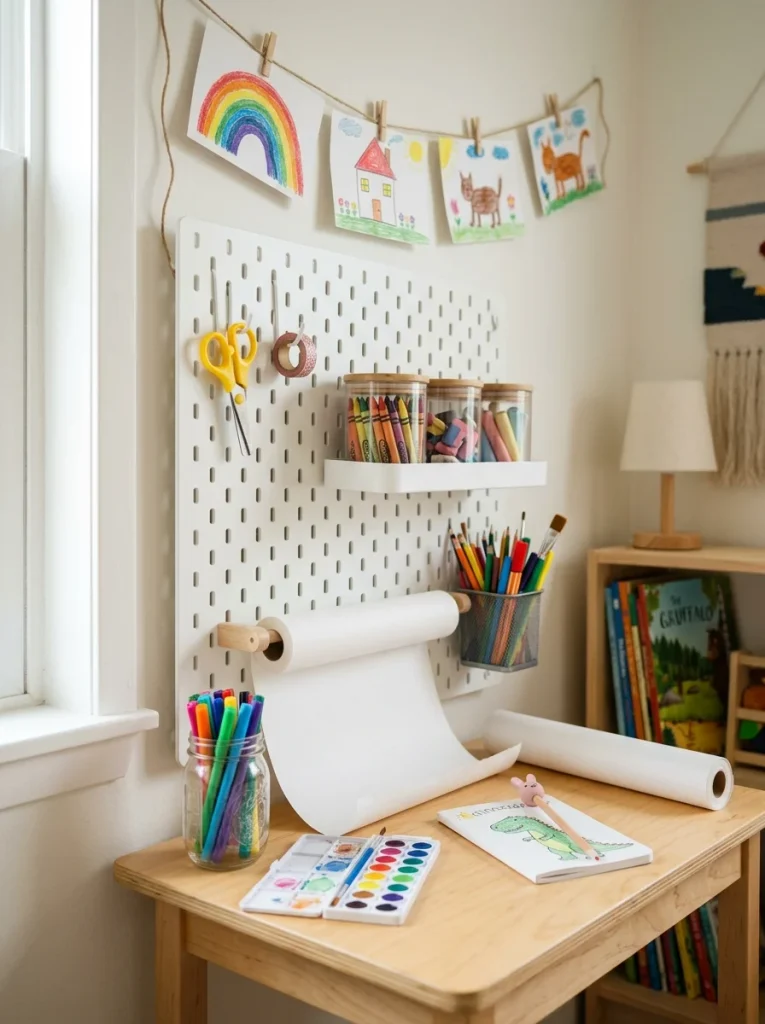 White SKÅDIS pegboard above a kids’ desk with organized art supplies, pencil cups, crayons, scissors, and colorful children’s artwork.