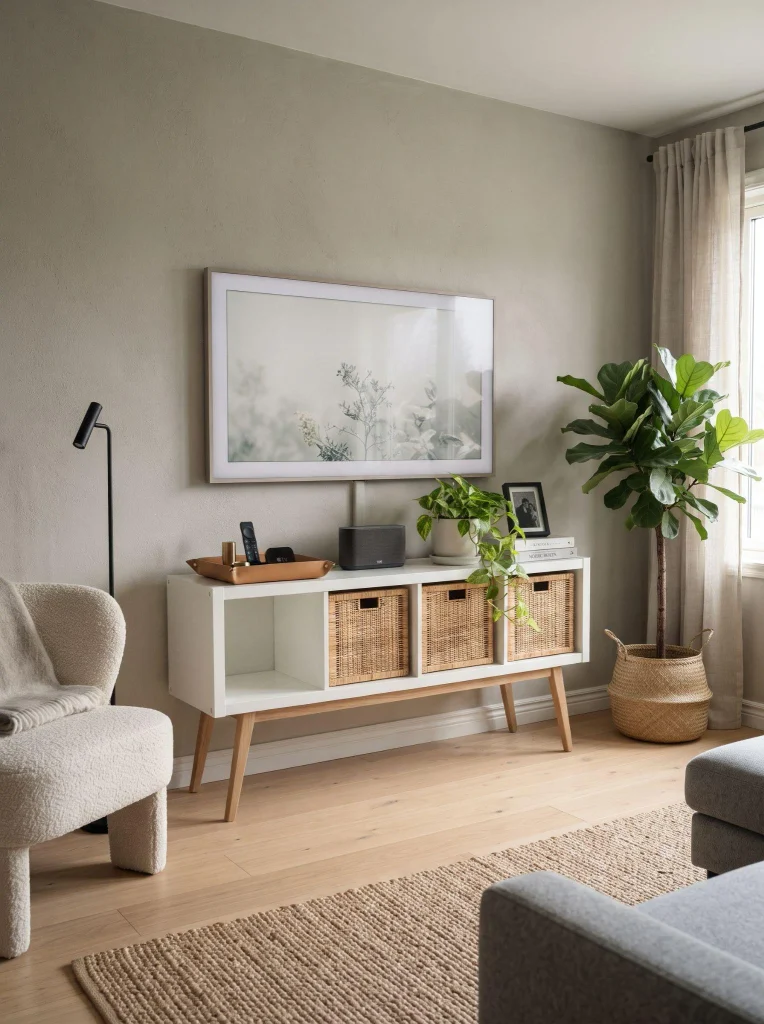 KALLAX mid-century media console in a stylish living room
