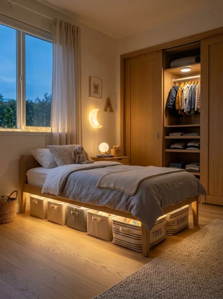 Scandinavian kids’ bedroom with a low bed, warm under-bed LED lighting, fabric storage bins, illuminated closet, and cozy neutral decor.