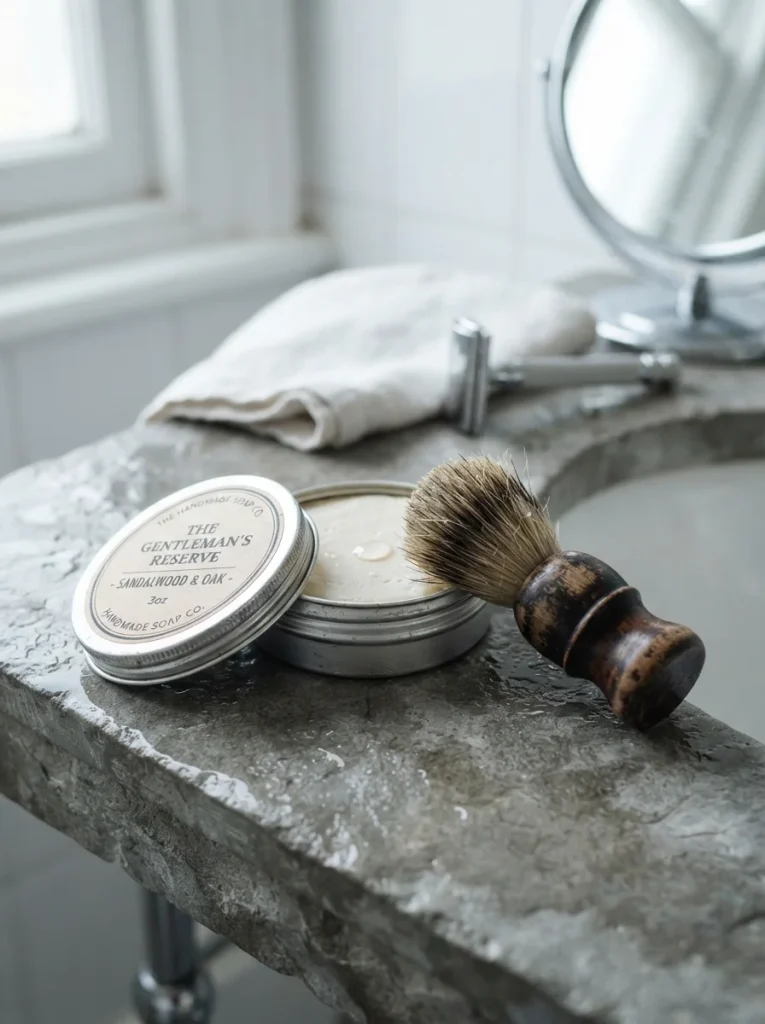 A minimalist shaving soap tin paired with a classic boar-bristle shaving brush on a gray stone sink. Cool natural daylight, brushed silver details, a folded white towel, safety razor, and subtle water droplets create a clean, timeless morning grooming aesthetic.
