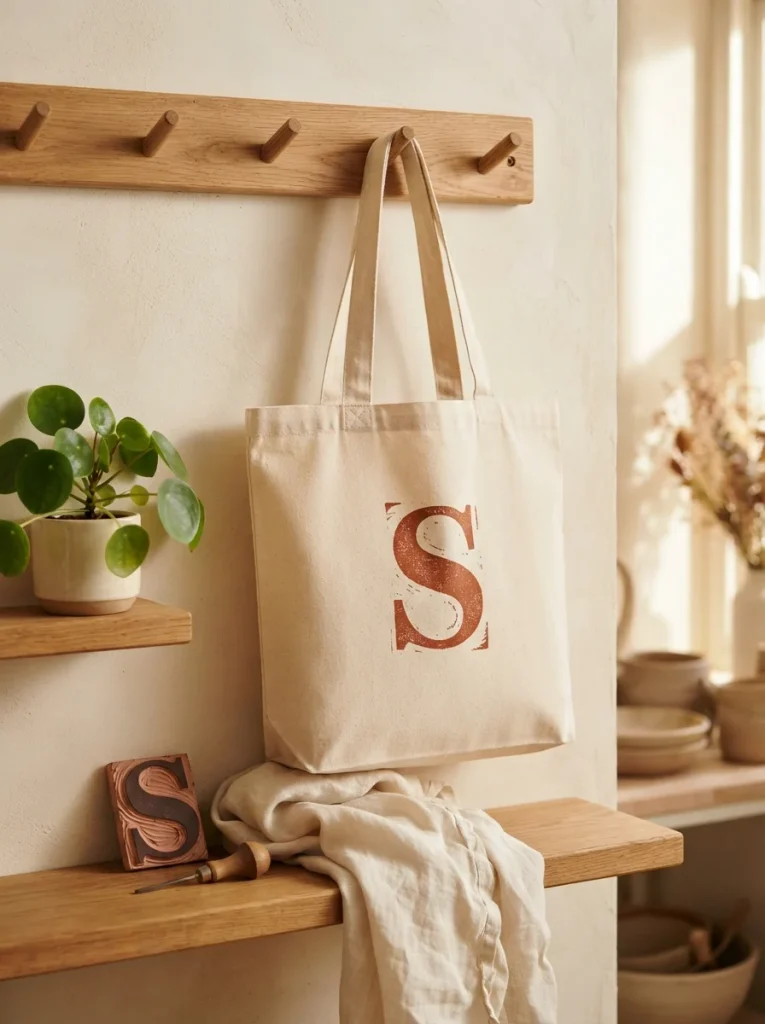 Photorealistic natural canvas tote with terracotta block-printed monogram, hanging on an oak peg rail. Warm sunlight, linen scarf, carved stamp, and potted plant. Rustic handmade charm, 8K quality, vertical 2:3, no people.