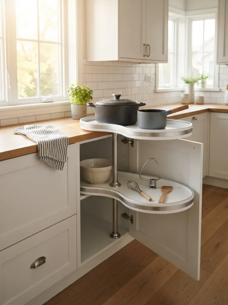 Organized corner cabinet with rotating shelves, neatly stored pots, mixing bowls, and mixer attachments for easy access.