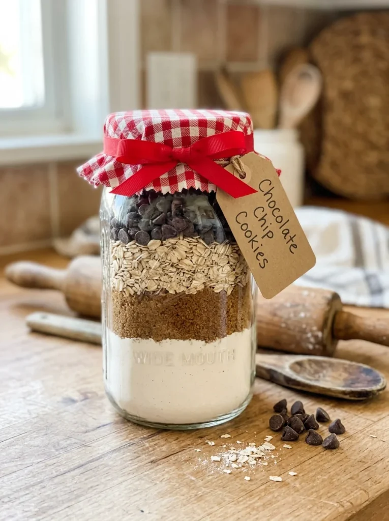 A cozy mason jar cookie mix layered with flour, brown sugar, oats, and chocolate chips, finished with a red gingham topper, ribbon, and handwritten kraft recipe tag for a charming homemade gift.