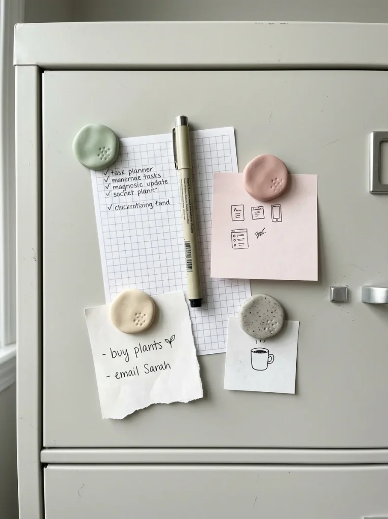 Four handmade polymer clay magnets in sage, blush, cream, and speckled gray hold cheerful notes on a metal filing cabinet, creating a playful, tidy workspace