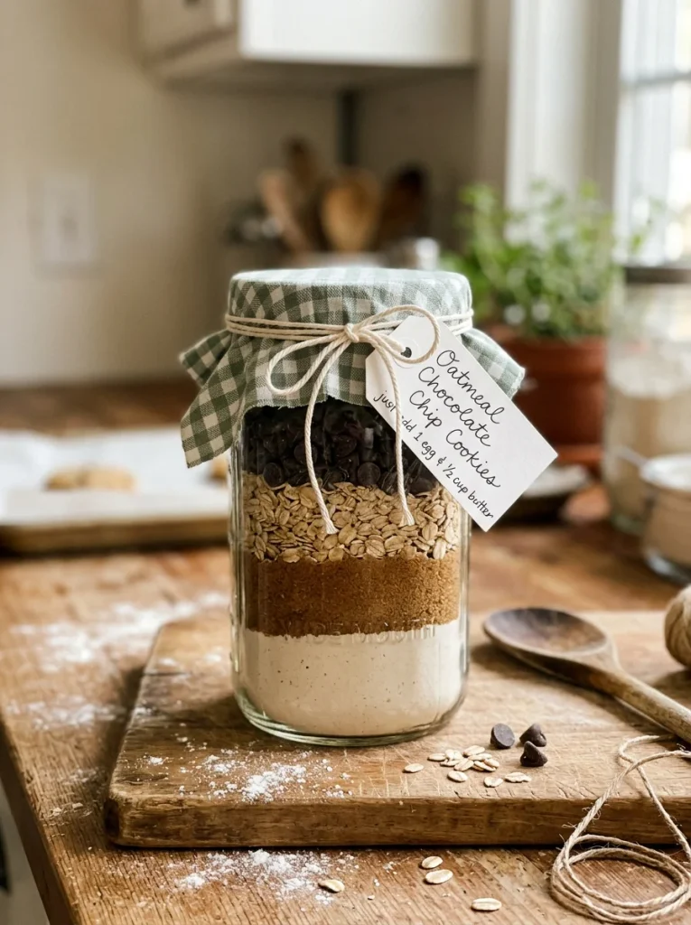 Mason jar layered with flour, brown sugar, oats, and chocolate chips, topped with sage gingham fabric and a handwritten recipe tag.