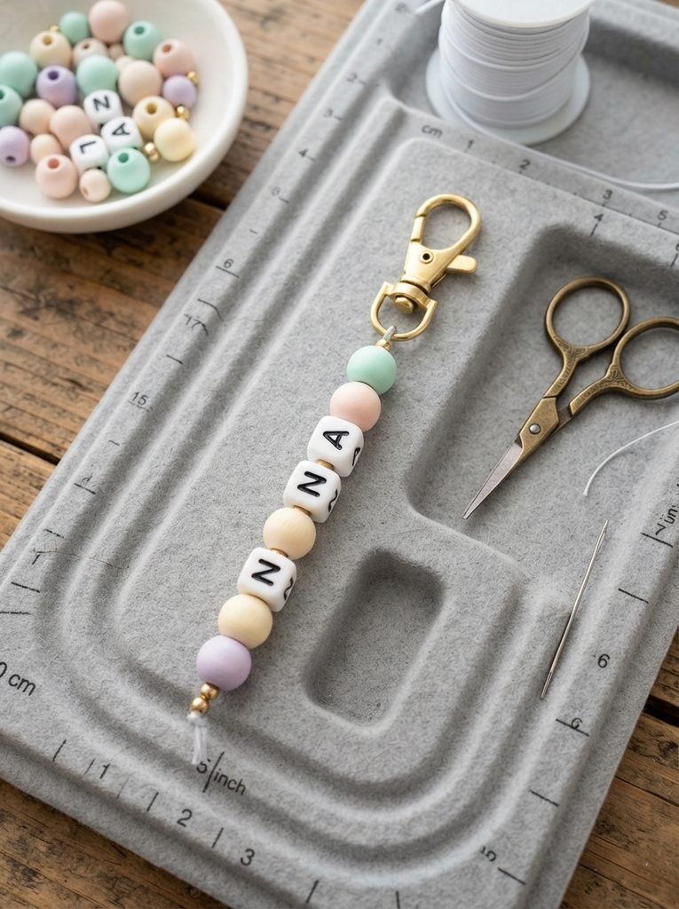 Create an adorable handmade keychain with white letter beads and pastel wooden accents. A sweet, personalized gift for Nana that’s easy to make and full of love!
