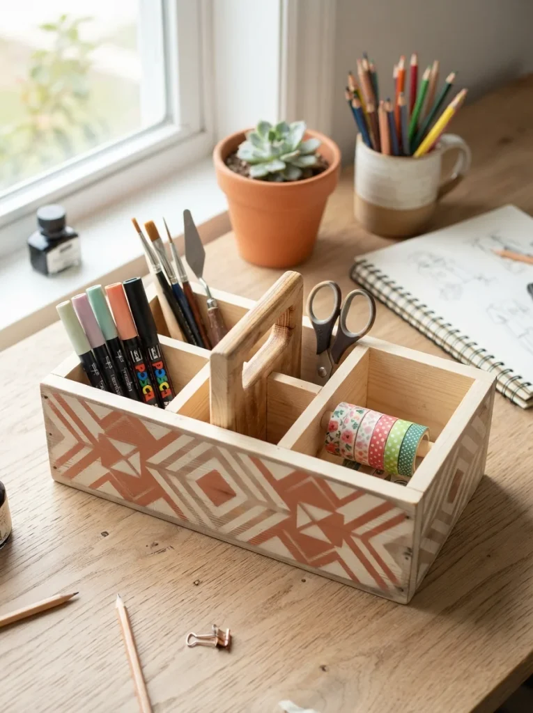 A charming handmade pine organizer featuring terracotta and cream geometric patterns, perfect for storing markers, brushes, scissors, and washi tape.