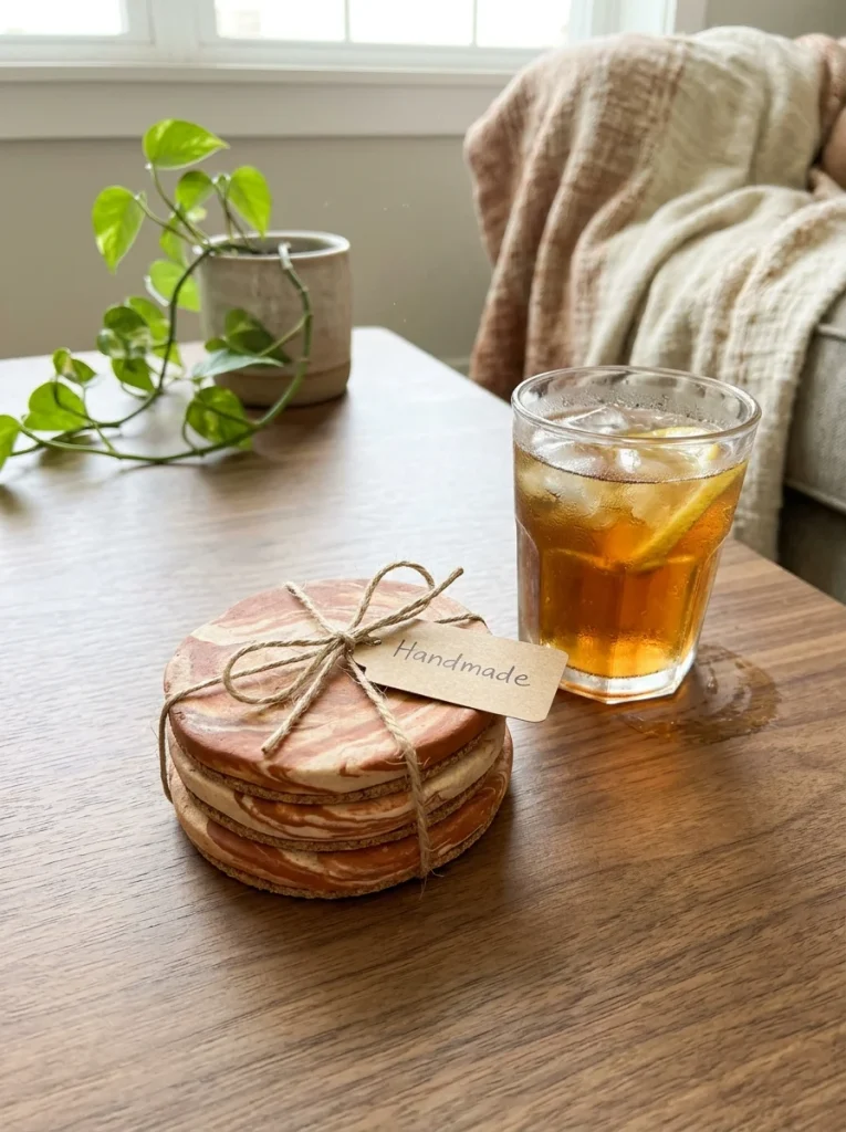 Four terracotta-and-cream marbled clay coasters with cork backing beside iced tea on a walnut coffee table, accented with a trailing pothos and linen throw.