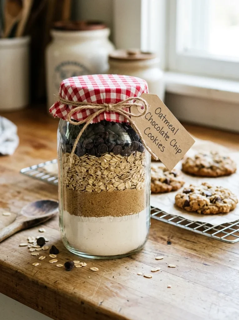 Homemade cookie mix gift jar layered with flour, brown sugar, oats, and chocolate chips, topped with gingham fabric, twine, and a handwritten recipe tag.