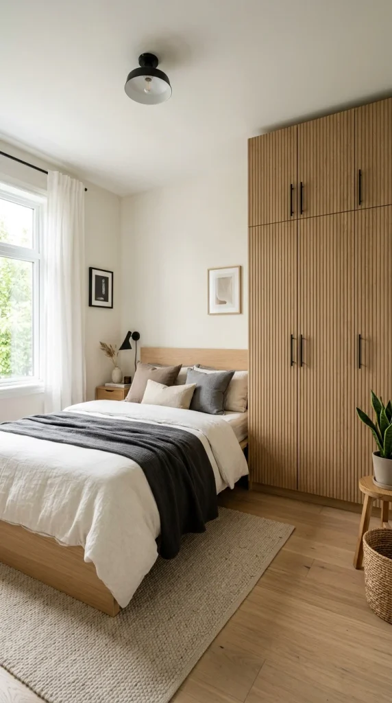 White PAX wardrobe with oak fluted doors and black bar pulls in a modern Scandinavian bedroom.