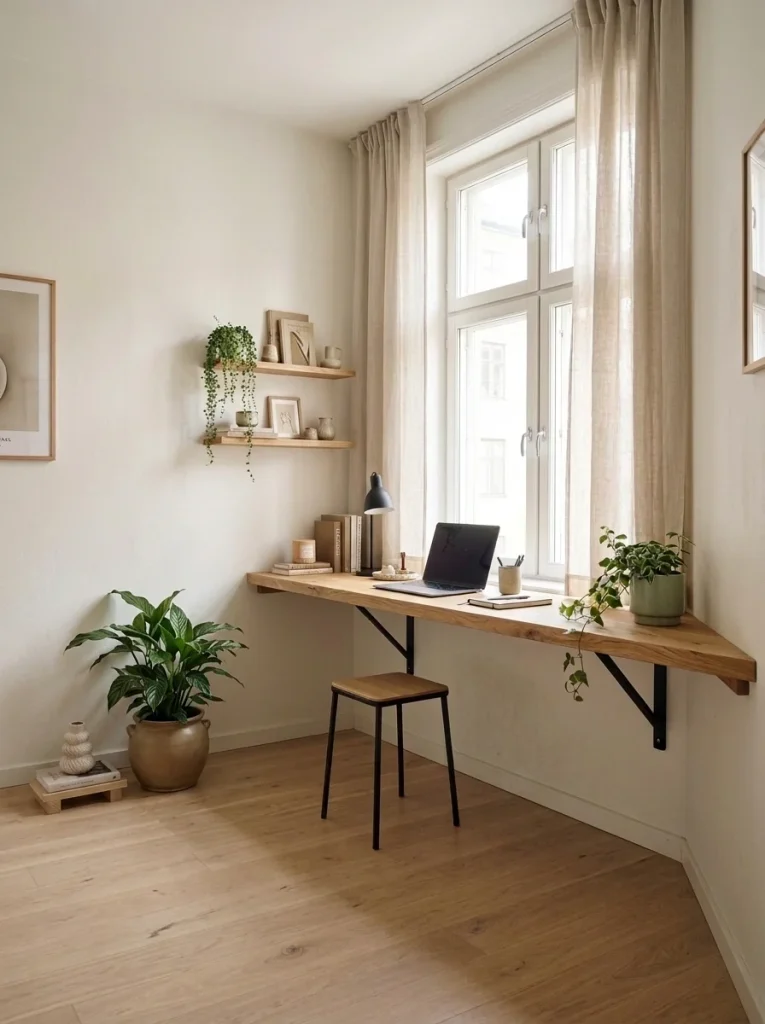 Floating oak plank desk beneath a bedroom window with a laptop, slim stool, black brackets, wall pegboard, desk lamp, and small plant in a bright Scandinavian-style room.