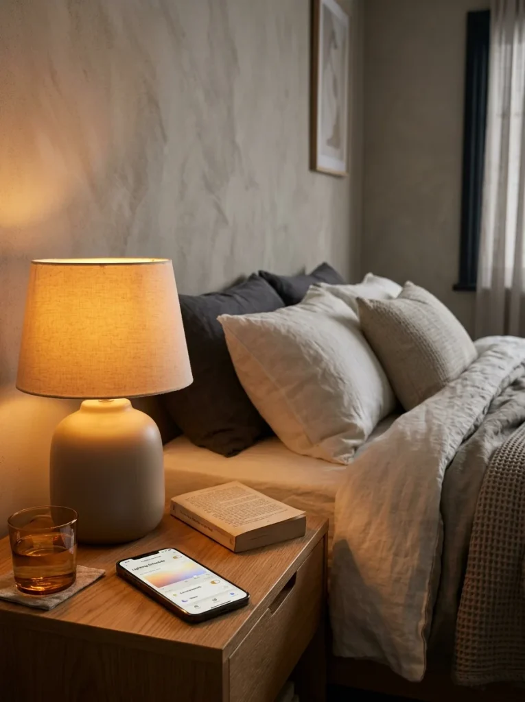 Warm amber smart bedside lamp glowing beside a neatly made bed, with a phone displaying a lighting schedule, a paperback book, and a glass of water in a cozy Scandinavian bedroom.