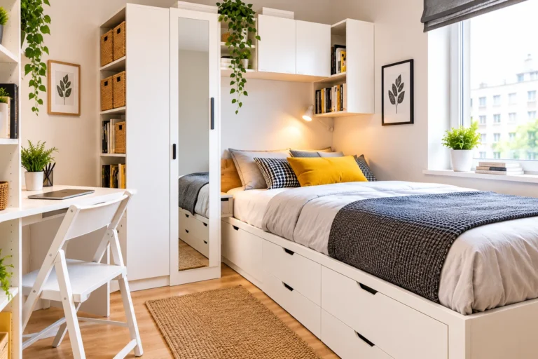 12 IKEA bedroom hacks for small bedrooms with limited space, featuring space-saving storage and bed ideas.