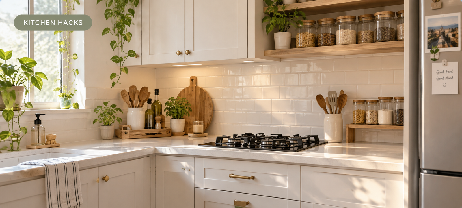 Beautiful modern kitchen with smart organization ideas, white cabinets, wooden shelves, neatly arranged storage jars, and cozy natural lighting.