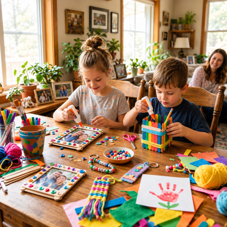 Kids making handmade gifts for parents and grandparents, including painted flower pots, personalized cards, and colorful DIY crafts.
